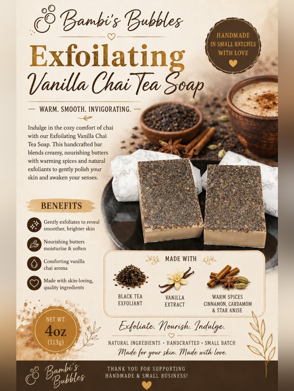 Restocked! Hand Crafted Exfoliating Vanilla Chai Tea Shea Butter 4oz Bar